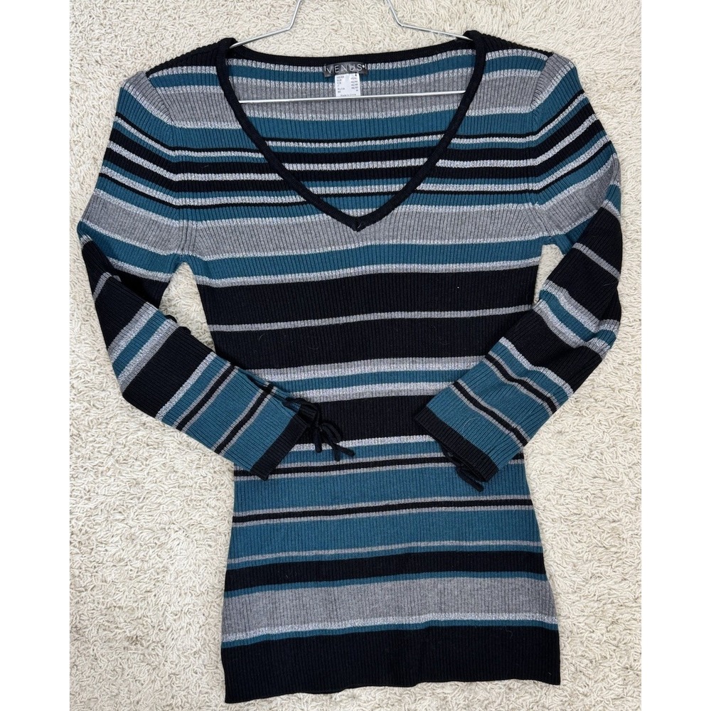 Y2K Venus V Neck Ribbed Long Metallic Striped Bodycon Sweater Size M Whimsigoth